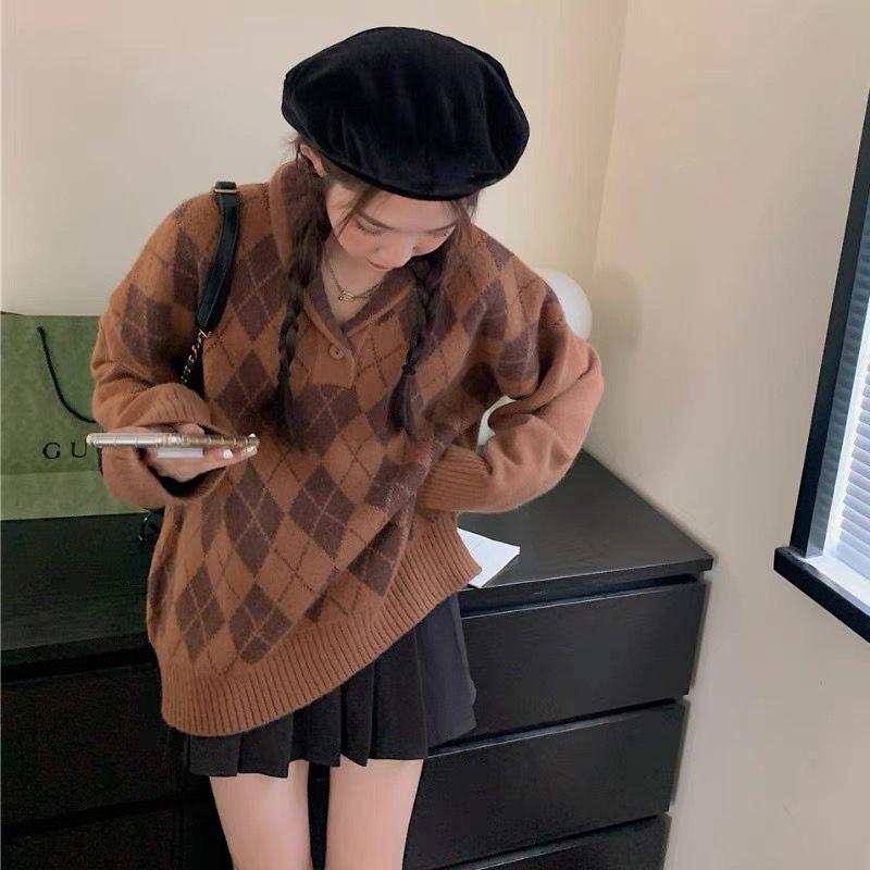 

Корейская мода свободные пуловеры свитер женщины 2022 начало осени ретро возраст-снижение трикотажные длинные рукава повседневные пуловеры свитер