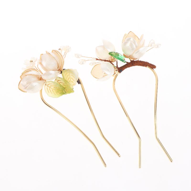 1Pcs U Shape Jade Orchid Hairpin For Women Vintage Chinese Style Wrapping Flower Hairpin Handmade Metal Jewelry Hair Accessory