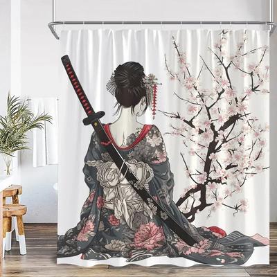 Ink Painting Shower Curtain Chinese Asian Style Cherry Blossom Japanese Woman Classical Bathroom Decor Polyester Bath Curtain