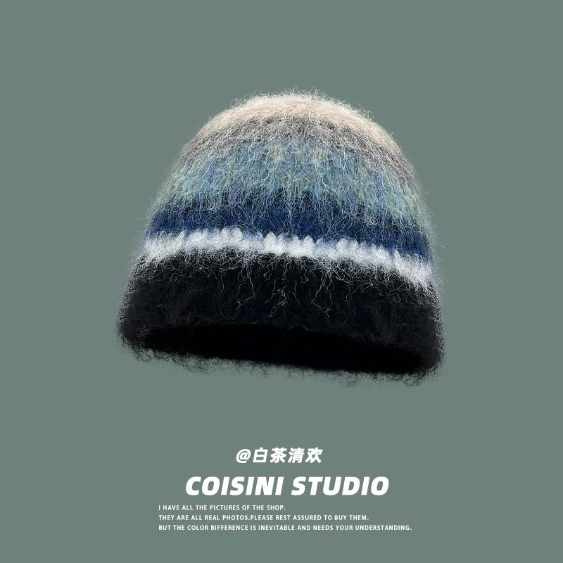 

New face small rainbow striped wool hat women s autumn and winter warm ear protection knitted pullover cold hat Adult average size