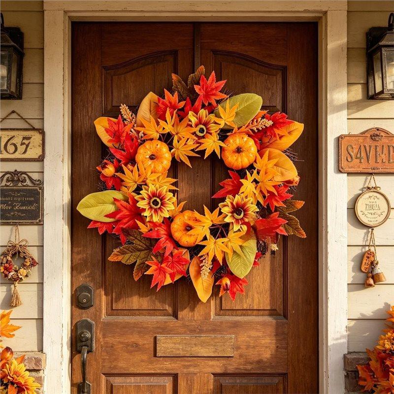 AT19-Fall Wreaths For Front Door 20" Autumn Thanksgiving Door Wreath Fall Decor Rustic Fall Door Wreath For Porch, Farmhouse