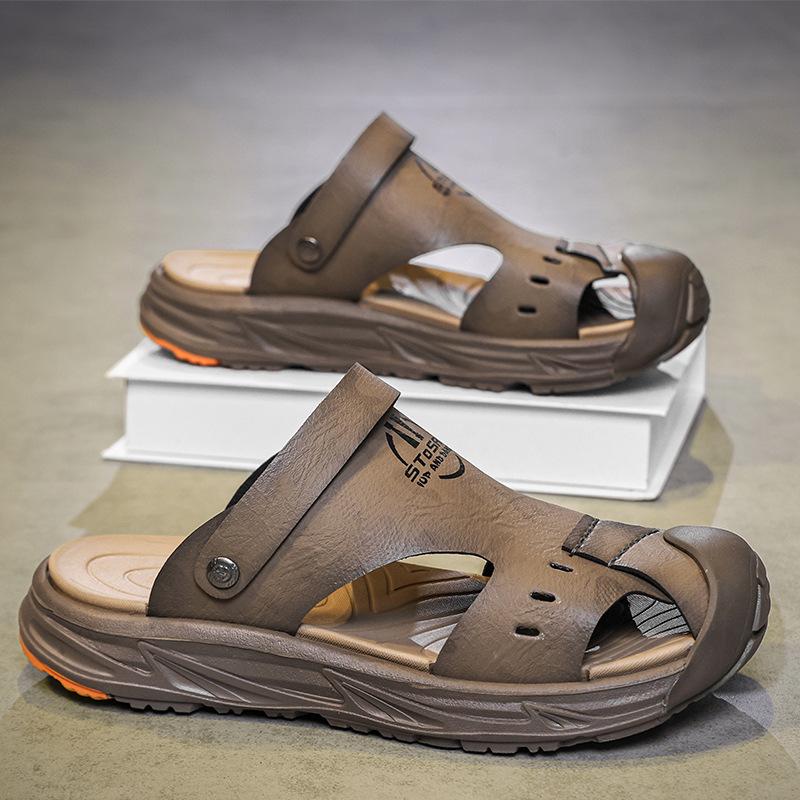 

Dongdong sandals men s new summer wear in 2025, high-end non-slip beach sandals, casual driving bag head tow 45 коричневый