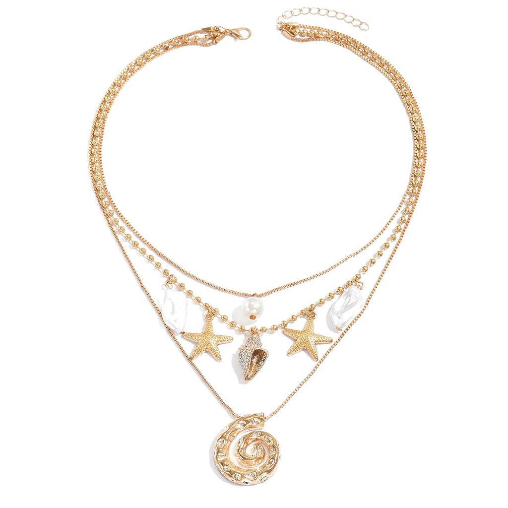 Seaside shell necklace, European and American beach starfish irregular spiral pendant, stacked on top of each other, wearing holiday style necklaces