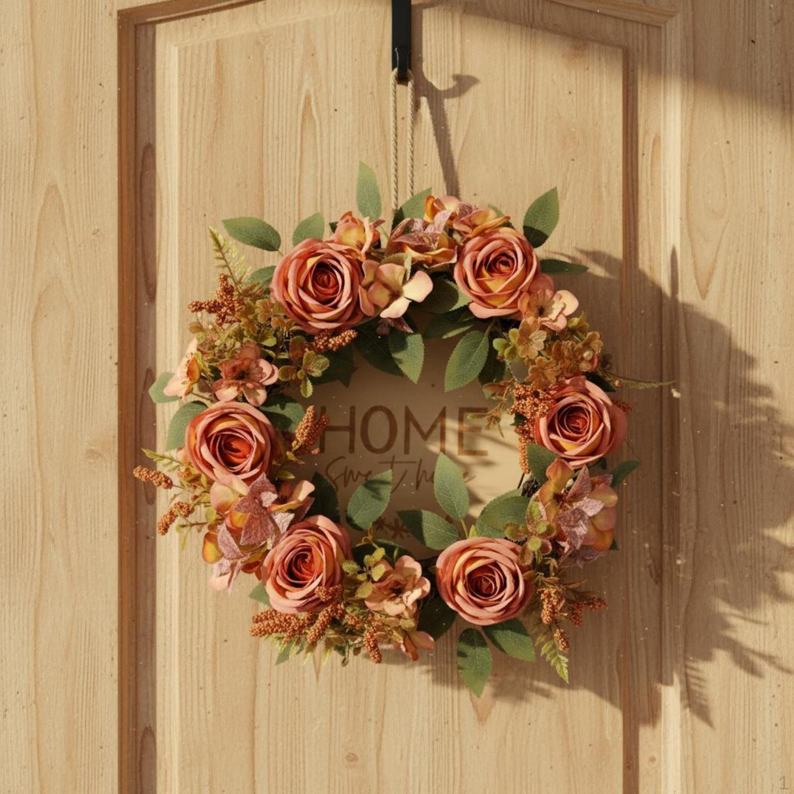 Pink Rose Wreath Green Leaves Artificial Round Wall Hanging Home