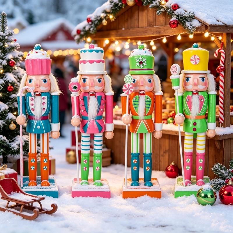Seasonal Candy Colored Nutcrackers Figurine Wooden Holiday Decoration with Classical Character and Freestanding Base for Tabletop Mantel Decors
