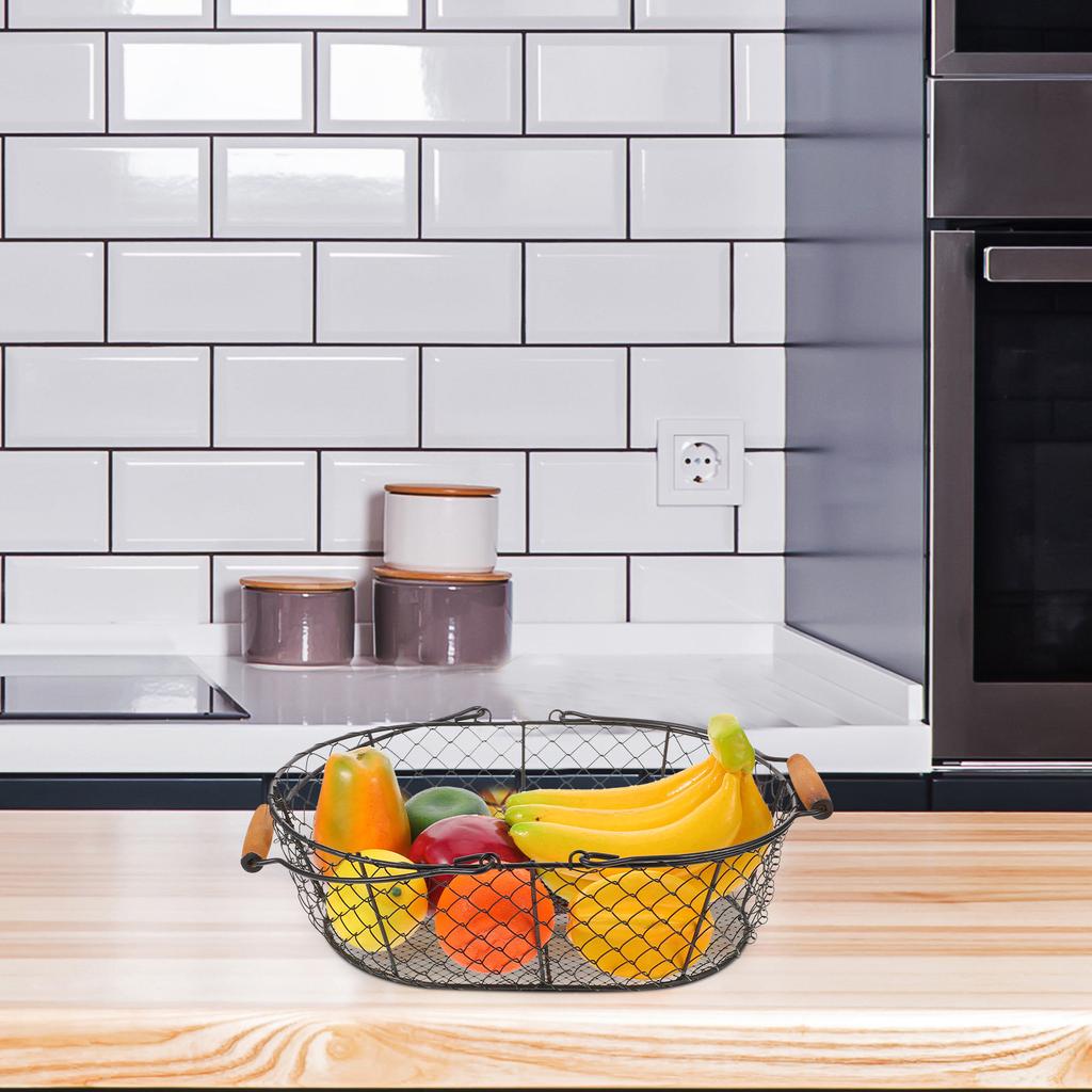 Elegant Wrought Iron Wire Basket with Wood Handles Vintage Style Rustic Metal Storage Basket for Living Room Bathroom Fireplace
