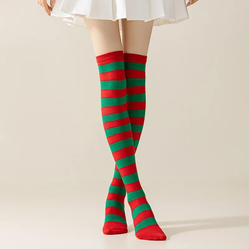Calze a righe sopra il ginocchio da donna Calze alte Multicolore Jk Casual Calze calde Sexy Sottili Lunghe Calze Hosiery a righe di Natale #