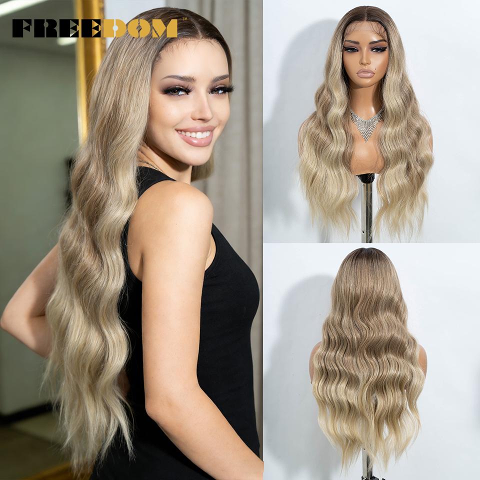 

FREEDOM Synthetic Lace Front Wigs For Women 28 Inches Long Body Wave Wig Ombre Brown Blonde White Cosplay Wig Natural Hairline (as the picture,28inches)