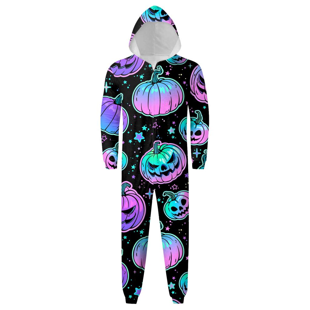 Halloween Printed Family Matching Hooded Long Sleeved Zippered Hooded  Jumpsuit Set