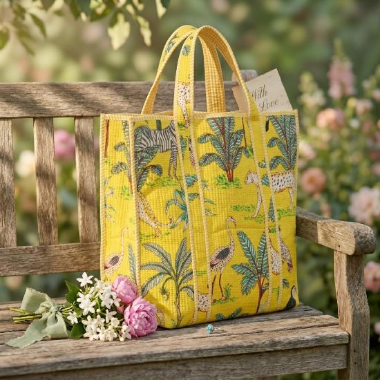 Shoulder Bag Usalover925 Yellow Quilted Cotton Jungle Print Shoulder Bag 36