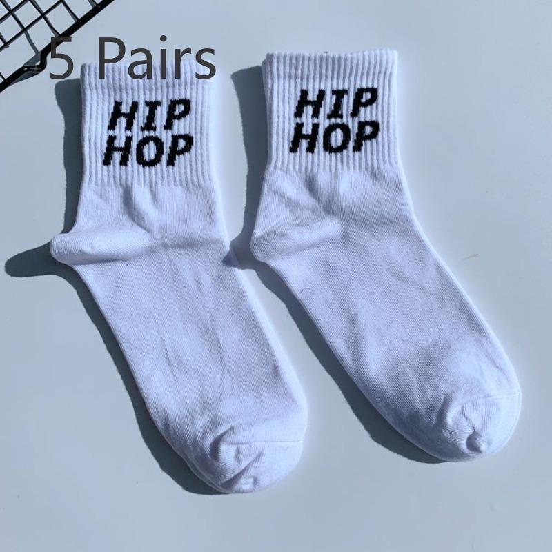 5 Pairs Socks Black and White Men's and Women's Mid-calf Hip Hop Personality Short College Style Skateboarding Socks