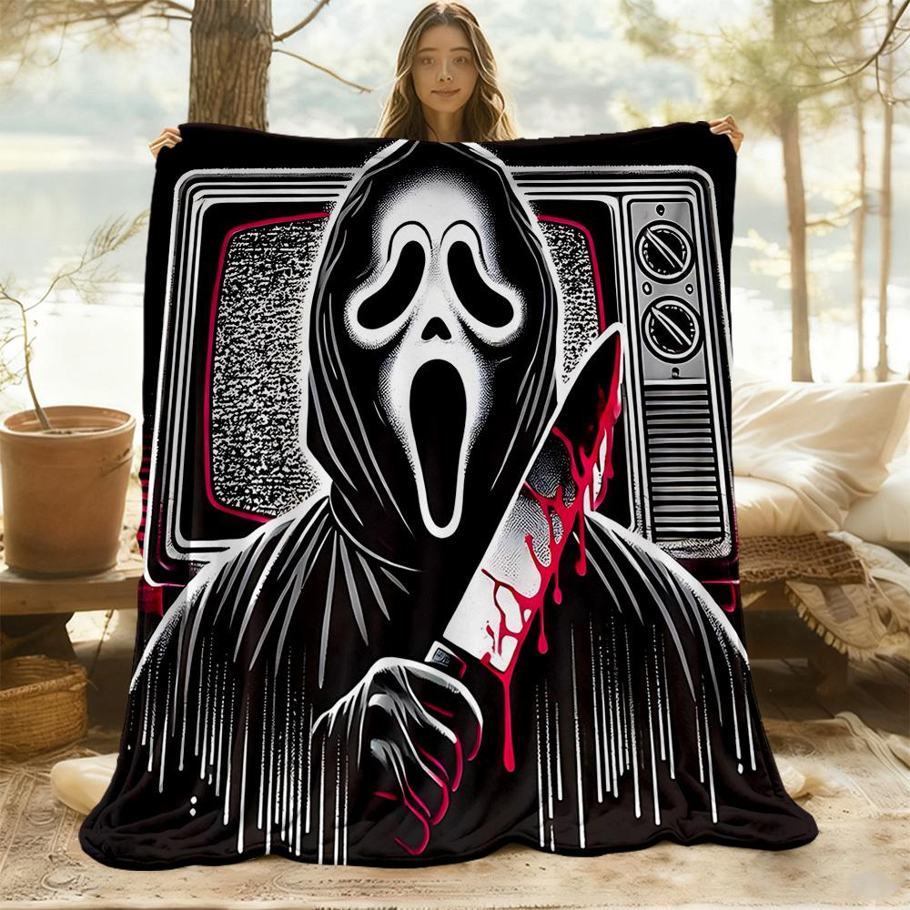 1PC Ghostface Scream Outdoor Flannel Throw Blanket - HD Printed Lightweight Soft Warm All-Season Blanket for Sofa, Bed, Travel, Camping 039