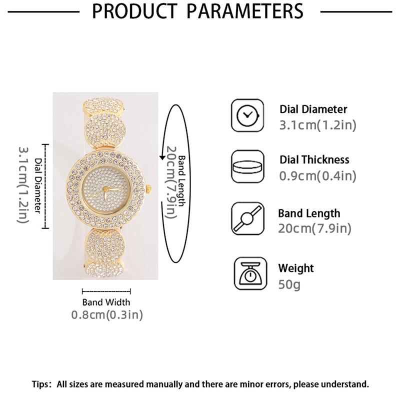 5Pcs Personalized Luxury Women's Gold Quartz Watch with Diamonds Geometric Round Girl Pendant Necklace Earrings Ring Jewelry Set