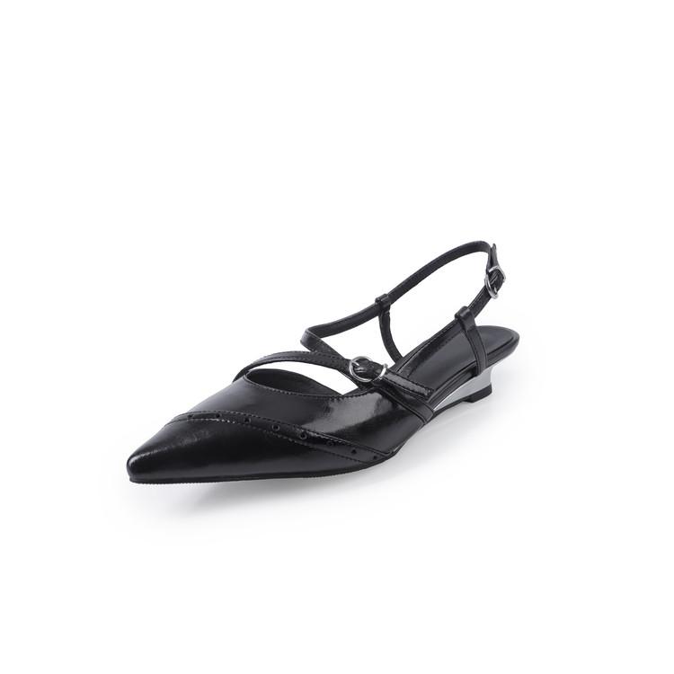 Fashion New Summer Sandals Split Leather Pointed Toe Sandals for Women Low Heels Fashion Retro Sandals Wedges Ladies Shoes Women Black
