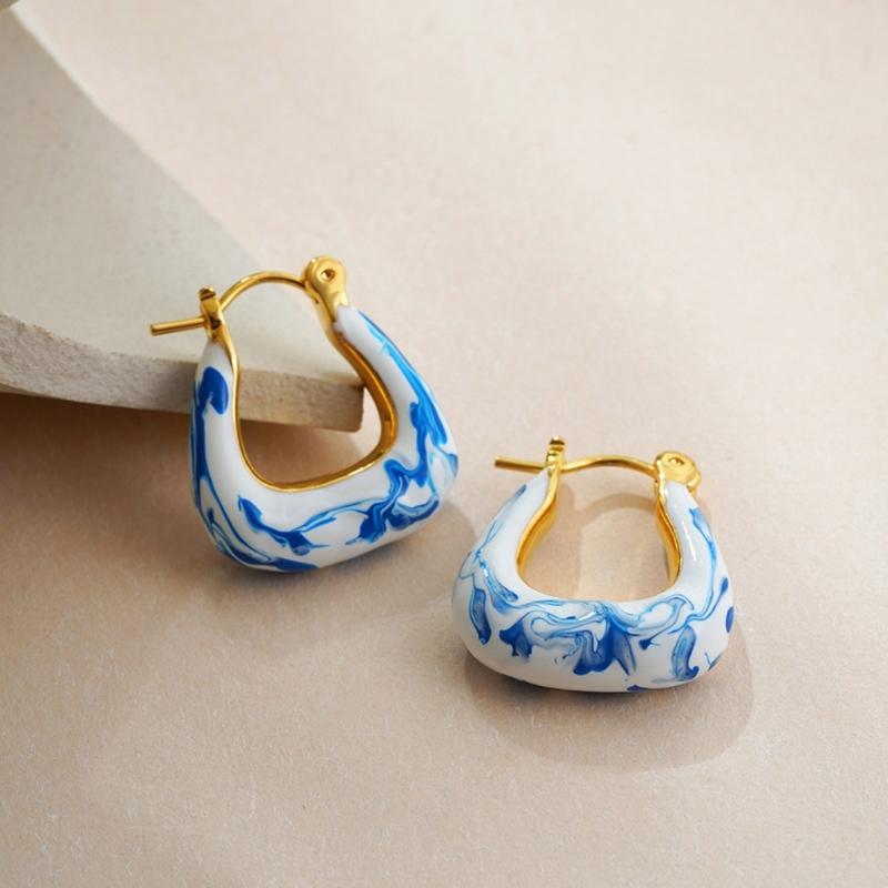 User Friendly Ceramic Ear Clip Blue Floral Pattern Dangle Earring Sturdy Copper Material Office And Casual Accessory