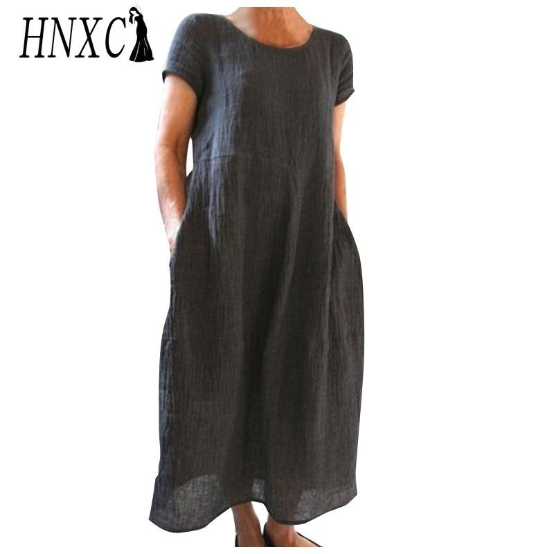 HNXC Women's Fashion Summer Spring Solid Color Print Short Sleeve O-Neck High Waist Casual Dresses