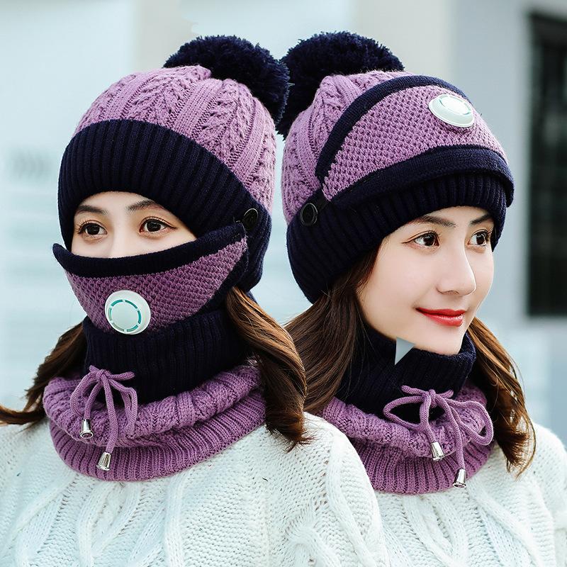 Fashionable Cycling Hat, Ear Protection Wool Hat, Mask Scarf, Knitted Warmth, with Breathing Valve, Three Piece Cap Set, Winter Cycling Equipment