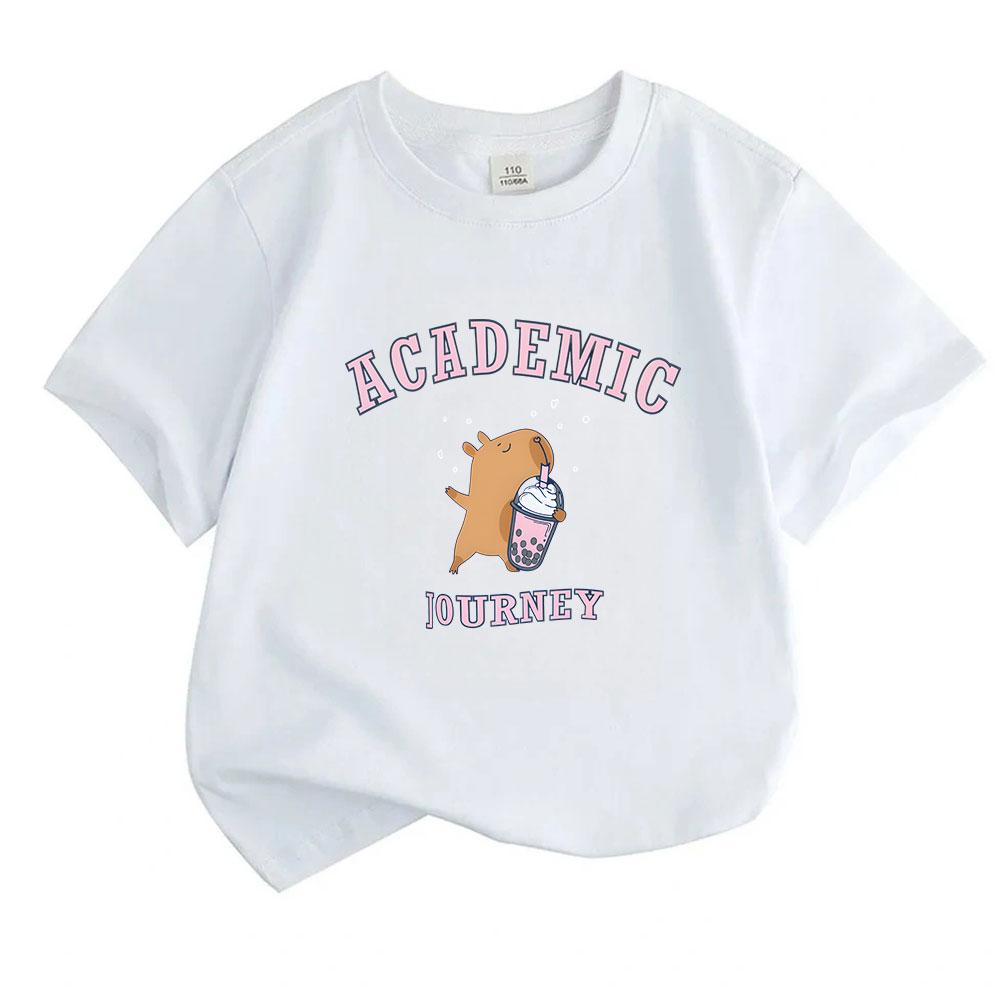 Kids Boys Girls 100% Cotton Short Sleeve Crew Neck T-Shirt, Cute Capybara Academic Journey Bubble Tea Print Casual Soft Summer Tee for School Daily We