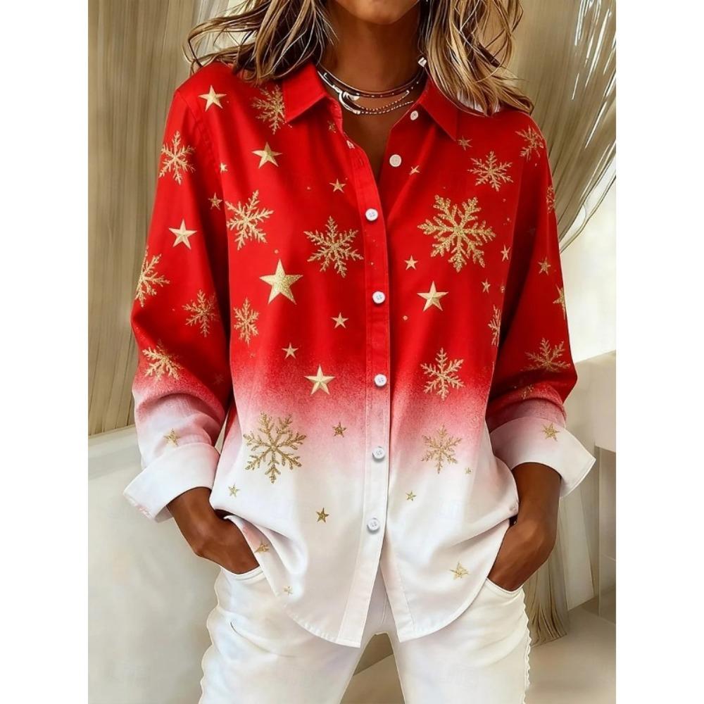 Christmas Theme Women s 3D Printed Snowflake Long Sleeve Shirts Casual Christmas Blouse for Party Button-Up Tops For Women S