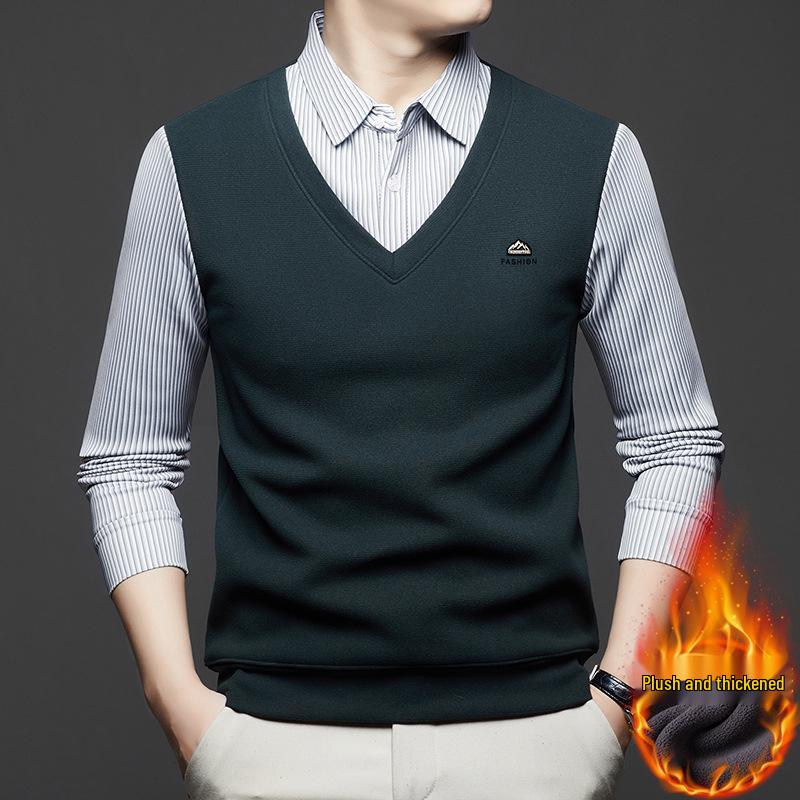 Men s Winter Knit Pullover with Faux Two-Piece and Velvet Lining XXL