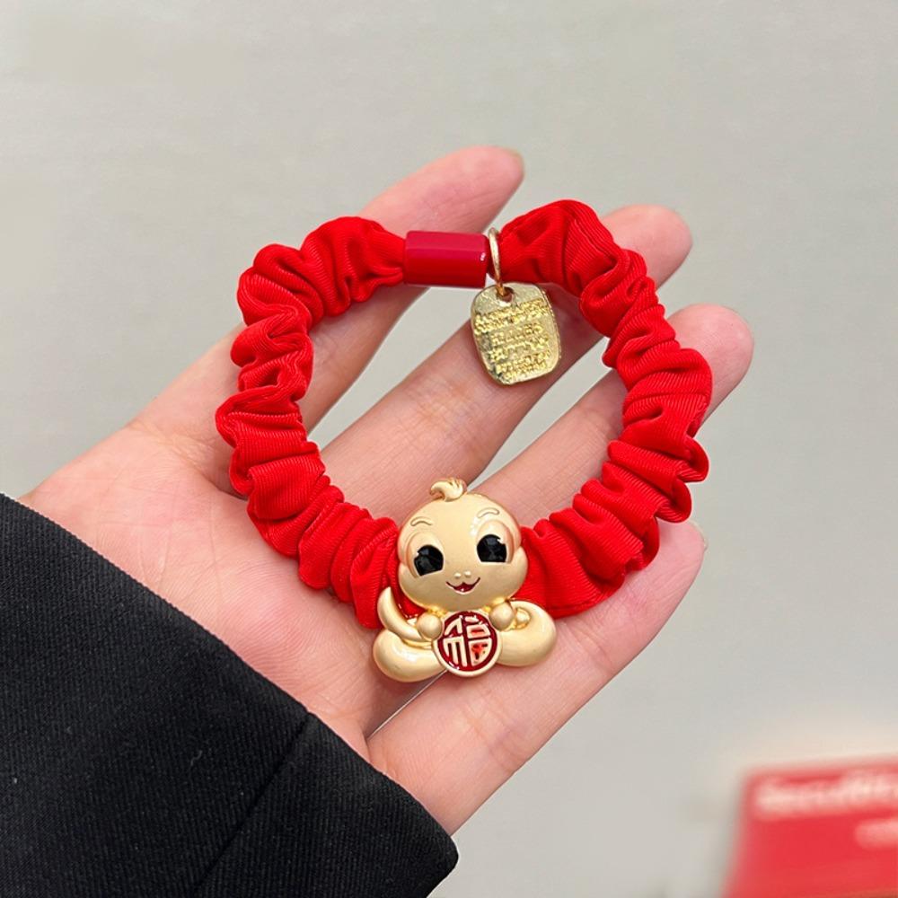 Rhinestone New Year Hair Rope Red Chinese Style Bracelet Elastic Snake Year Hair Ring  Girls