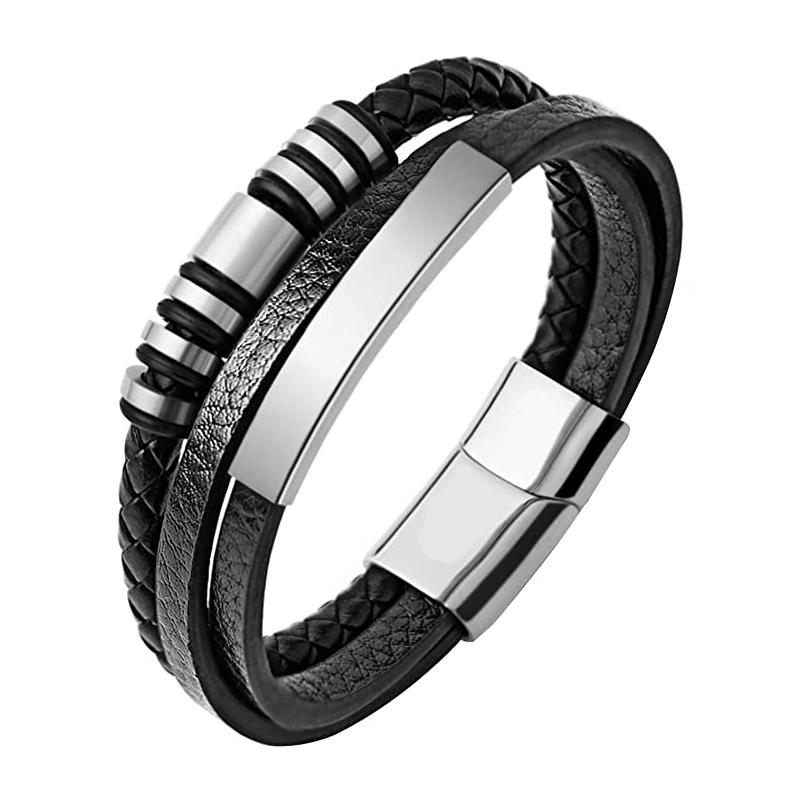 Luxury Stainless Steel Beaded Bracelet Fashion Men s Jewelry Classic Multilayer Braided Leather Bracelet Homme New Year Men Gift 18.5cm