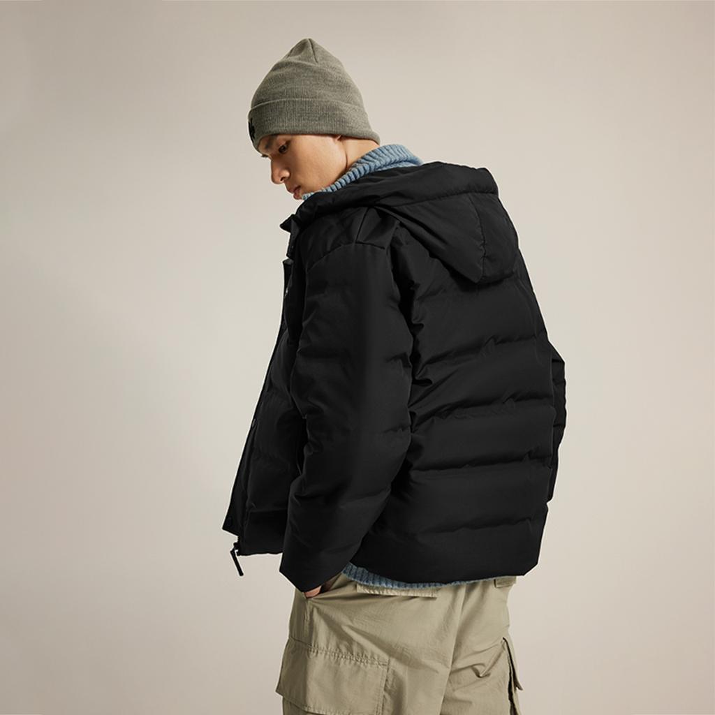 Li Ning Wade Series Water-Resistant Letter Print Hooded Versatile Cold-Resistant Casual Zipper Short Winter Down Jacket Men Jacket Black AYMU003-1