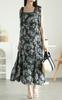 Plus Size Long Maxi Floral Elastic Black [Gold Japan] Women's Dress, Sleeveless, Ribbon, Print, Flared, Waist, Spring, Summer, Autumn, maru-30275, 4L,