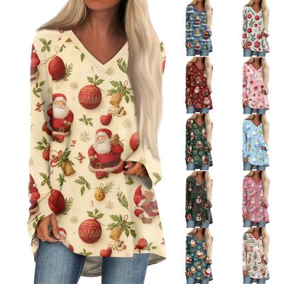 Ladies' Fashionable Casual Christmas Printed T-shirt Long Sleeved V-neck Mid Length Top