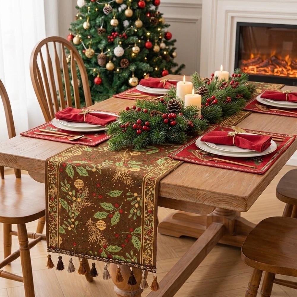 Gradient Tassel Christmas Table Runner Fringed Table Cabinet Cover Cloth Tablecloth  Kitchen