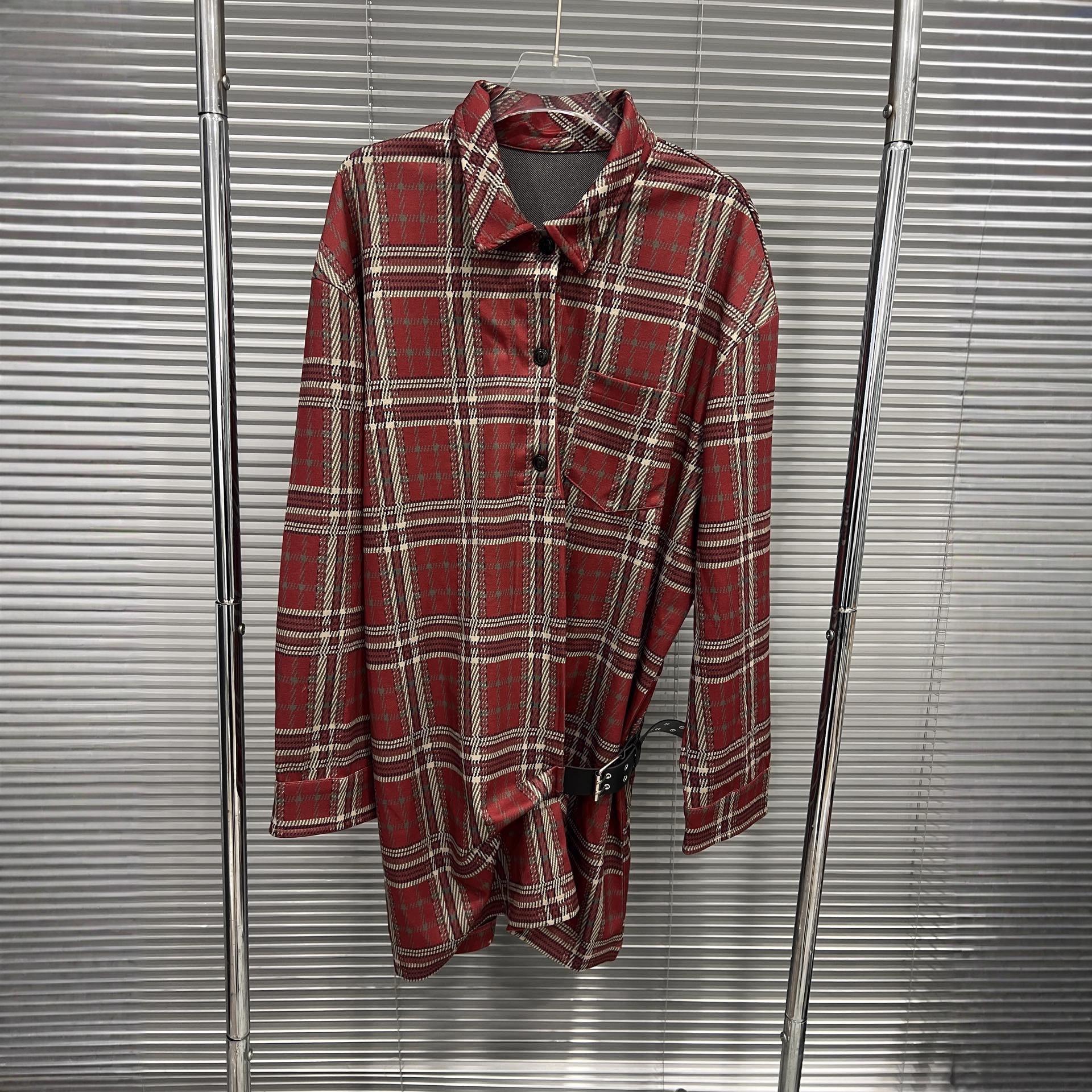 Ouyang Nana Inspired Retro Red Plaid Waist-Cinching Shirt Dress Large