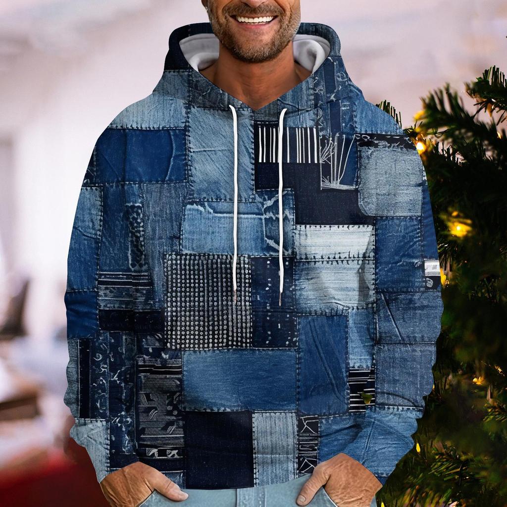 Denim Plaid Printed Mens Women Universal Hoodies Autumn Fashion Street Men Sweatshirts Casual Loose Men Clothing Tops Hoodies