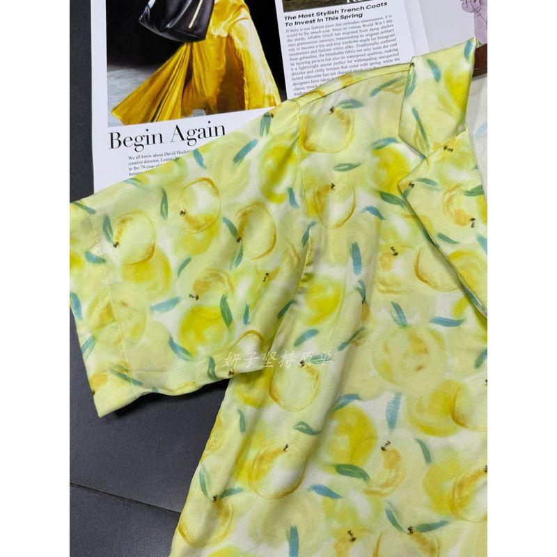 Foreign Trade Order a **R Yellow Lemon Oil Painting Print Loose Version Lapel Bright Color Comfortable Short Sleeve Shirts Top