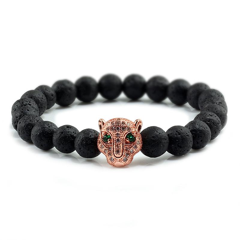 Volcanic Stone Beads Bracelet with Leopard Head and Diamond Circle - Trendy Elastic Hand Ornament