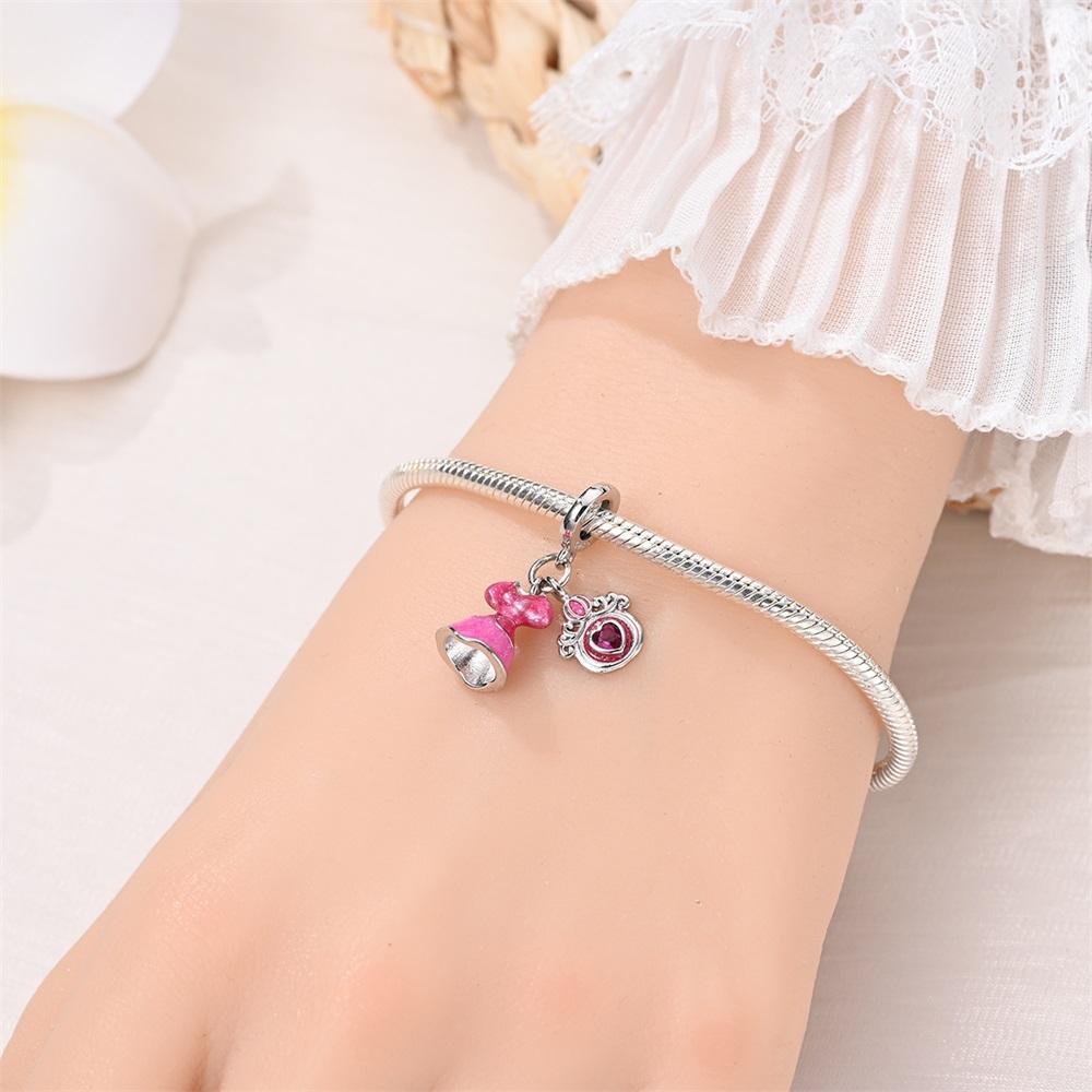 Charms Original Copper Pink Heart Princess Dress Pendant Beads Fit Bracelet Diy Fine Gift Women Delicate Jewelry Ac
