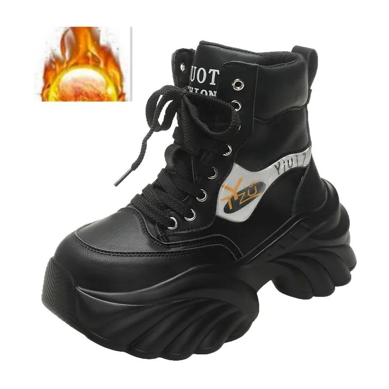 Fashion 8CM Autumn High Top Women Sneakers Lace-up Winter Warm Leather Ankle Boots Casual Canvas Shoes Thick Bottom Fashion Short Boots