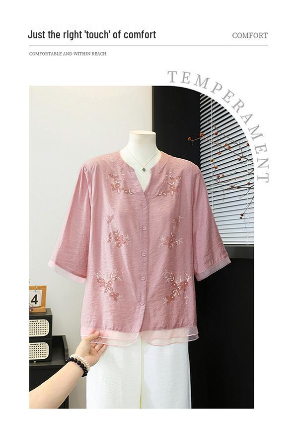 Summer 2026 Women's Artistic Embroidery V-Neck Patchwork Shirt