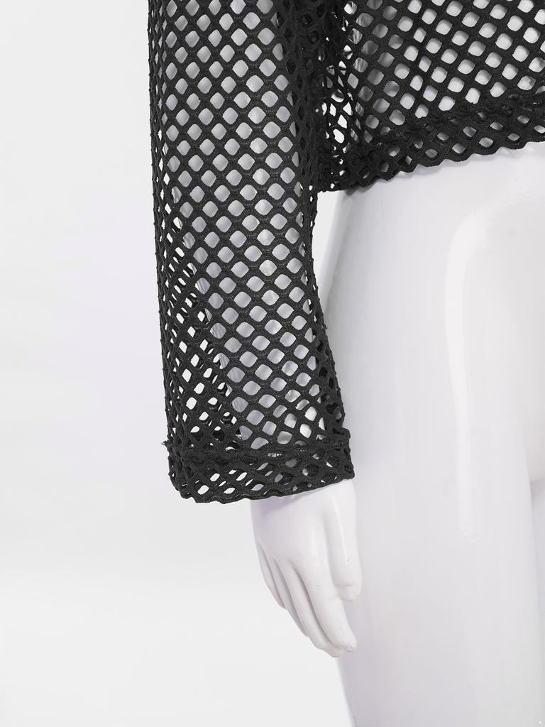 Maglietta da ragazza a rete trasparente con trafori, girocollo a coste, manica lunga, crop top, top per skateboard, hip hop, street dance