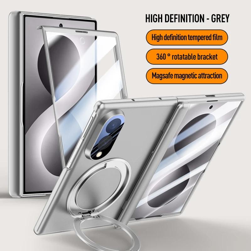 Für Samsung Galaxy Z Fold 8 Federgelenk Faltbare Hülle mit Magnetischem Ring Metallhalter Gehärtete Glasfolie Vollschutzhülle