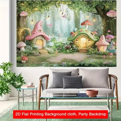 2D Cartoon Mushroom House Backdrop Polyester Kids Party Photography Background Cloth