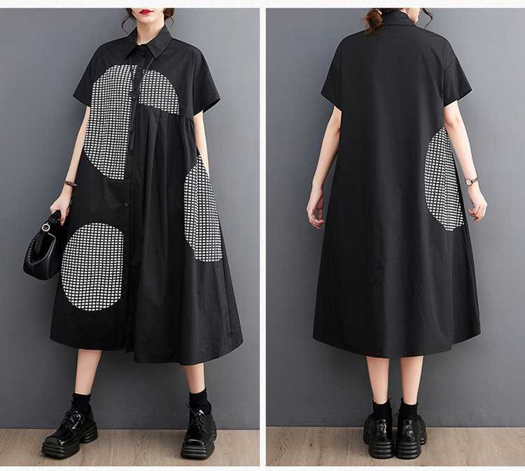 Loose Plus Print Medium Long Artistic Retro Short Sleeved Shirt Dress