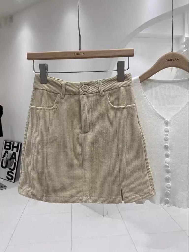 Petite High Waist Corduroy Bodycon Midi Skirt – Women's Autumn/Winter A-line Slit Skirt