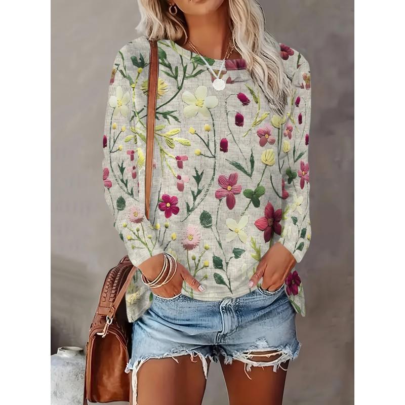 Womens Loose Fit Long Sleeve Round Neck Tee With 3D Peacock Cat Print - Milk Silk Fabric 2025 Casual Top
