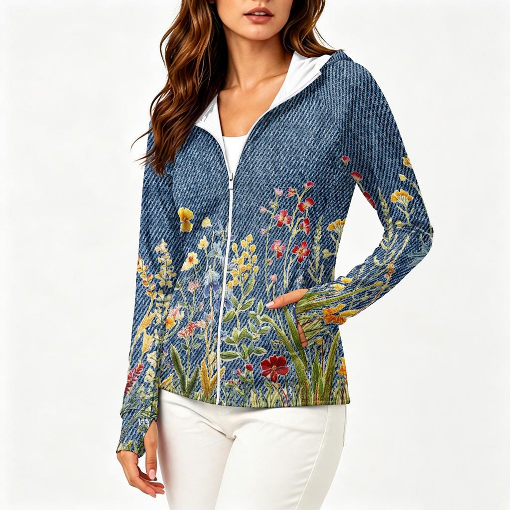 Women's Long Sleeve Zip Up Hoodie Lightweight Sun Protection Jacket with Hood and Pockets Floral Print Outdoor Activewear