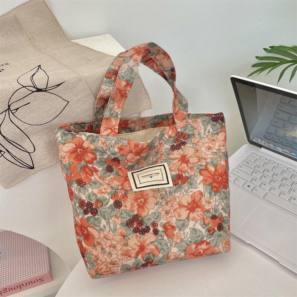 

Холщовая сумка с цветочным принтом в стиле ретро, вместительная сумка для мамочек, модная переносная сумка для ланч-боксов.