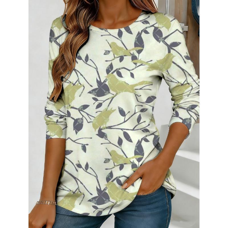 Women's Colorful Floral and Butterfly Print Long-sleeved Loose-fitting Round Neck Top, Casual Everyday Style