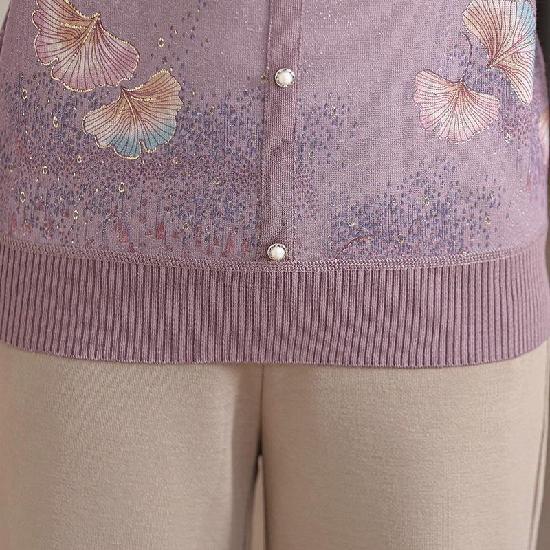 Women's Autumn Knitted Printed Lapel T-Shirt - Long-Sleeved, Loose, Fashionable, Versatile for Middle-Aged and Elderly