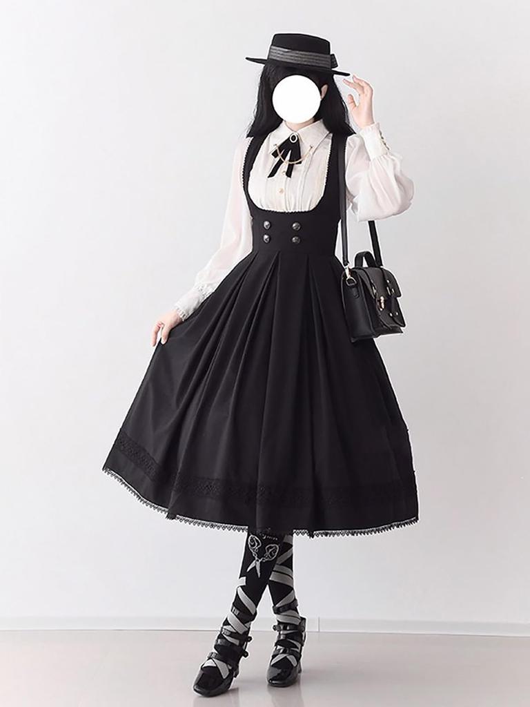 Gothic Lolita Blouse and Suspender Long Sleeves with Detachable French High Mori Girl Black and Size XL [XHSUKADO] 2-Piece Set Skirt, Ribbons, Girly,