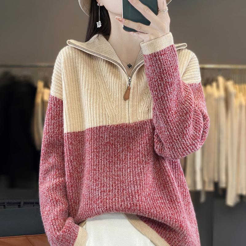 Color Block Wool Cashmere Sweater - Women's High-End Knitted Half-Open Collar Top