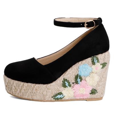 Mode Große Größe 45 Keil Schuhe Für Frauen Stickerei High Heels Weibliche Pumps Plattform Ankle Straps Gestrickte Rosa Hochzeit Party schuh